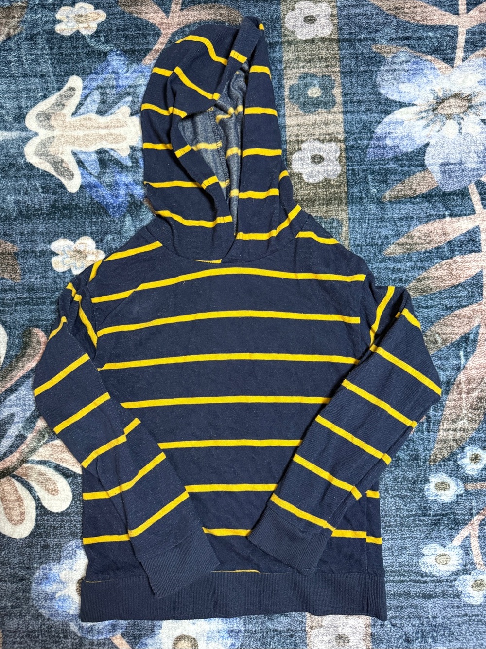 Kids Navy and Yellow Striped Hooded Long-Sleeve Tee